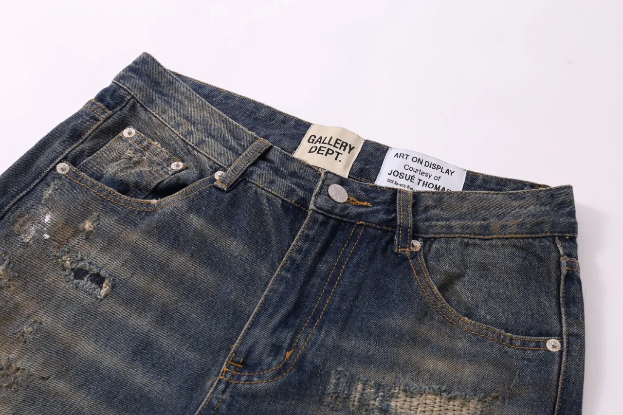 655#Gallery Dept New Retro Splashed Ink Hole Embroidery Washed Small Straight Leg Jeans American High Street Casual Trousers Washed Blue S～XL P240